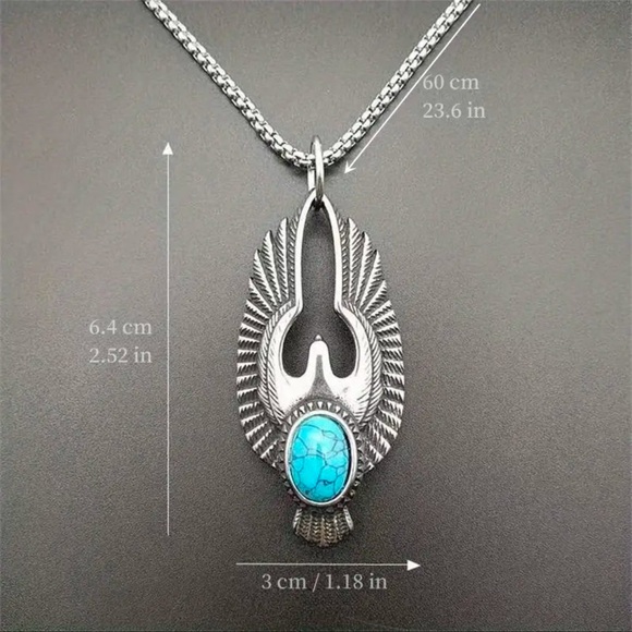 Tribal Eagle Wings Faux Turquoise Pendant Titanium Steel Southwestern Necklace - Picture 3 of 7